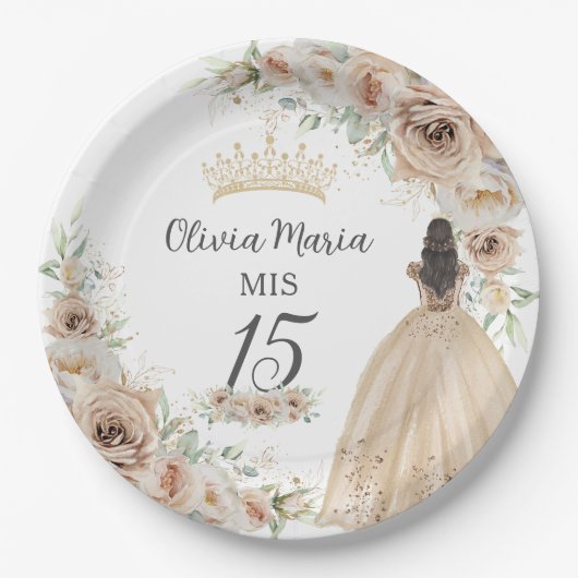 Champagne Crème Beige Bloemen Prinses Quinceañera Papieren Bordje (Voorkant)