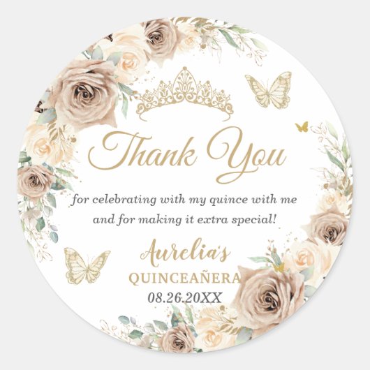 Champagne Crème Beige Bloemige Quinceañera Sweet 1 Ronde Sticker (Voorkant)