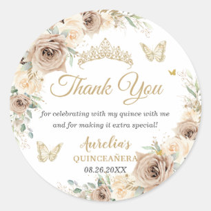 Champagne Crème Beige Bloemige Quinceañera Sweet 1 Ronde Sticker