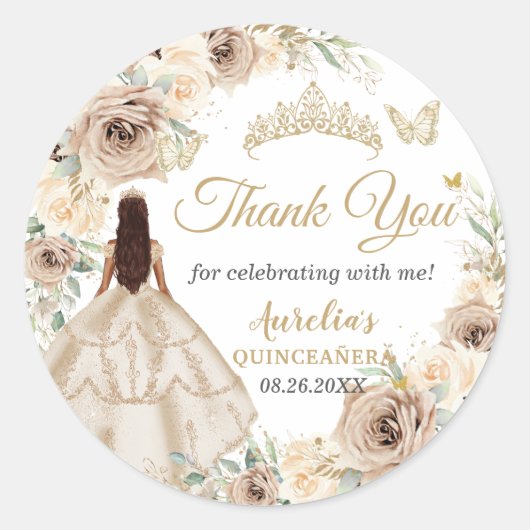 Champagne Crème Bloemen Jurk Quinceañera Sweet 16 Ronde Sticker (Voorkant)