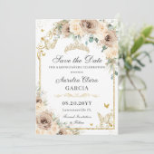 Champagne Crème Bloemen Zoet 16 Goud Quinceañera Save The Date (Staand voorkant)