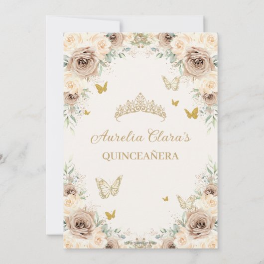 Champagne Crème Bloemen Zoet 16 Goud Quinceañera Save The Date (Achterkant)