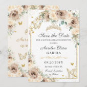 Champagne Crème Bloemen Zoet 16 Goud Quinceañera Save The Date (Voorkant / Achterkant)