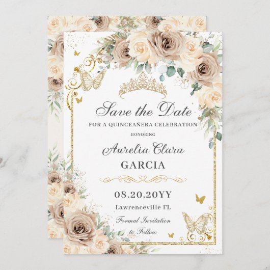 Champagne Crème Bloemen Zoet 16 Goud Quinceañera Save The Date (Voorkant / Achterkant)
