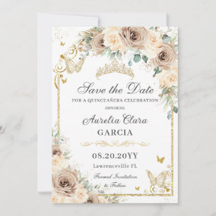 Champagne Crème Bloemen Zoet 16 Goud Quinceañera Save The Date