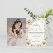 Champagne Crème Bloemen Zoet Zestien Quinceañera Bedankkaart (Staand voorkant)