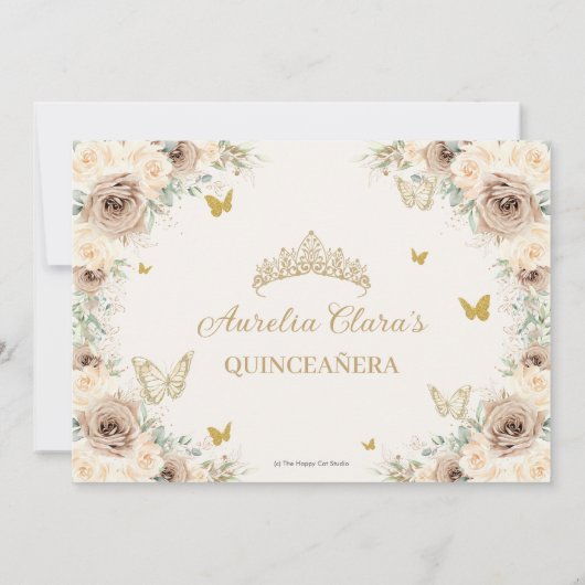 Champagne Crème Bloemen Zoet Zestien Quinceañera Bedankkaart (Achterkant)