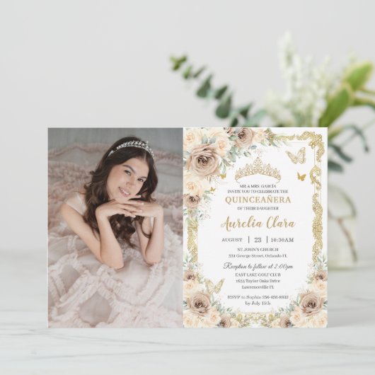 Champagne Crème Bloemen Zoet Zestien QUINCEAÑERA Kaart (Staand voorkant)