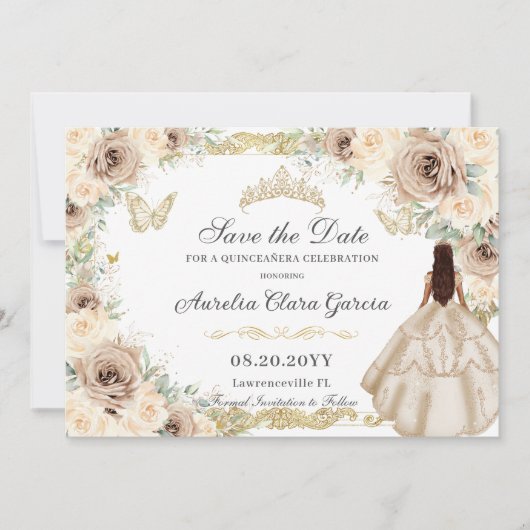 Champagne Crème Bloemen Zoet Zestien QUINCEAÑERA Save The Date (Voorkant)