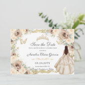 Champagne Crème Bloemen Zoet Zestien QUINCEAÑERA Save The Date (Staand voorkant)