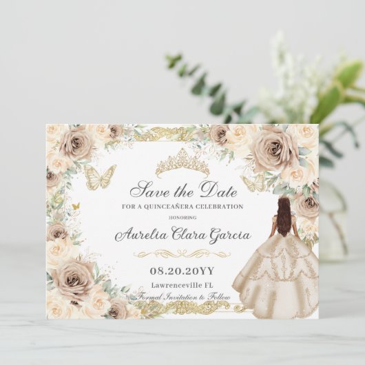 Champagne Crème Bloemen Zoet Zestien QUINCEAÑERA Save The Date (Staand voorkant)