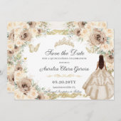 Champagne Crème Bloemen Zoet Zestien QUINCEAÑERA Save The Date (Voorkant / Achterkant)