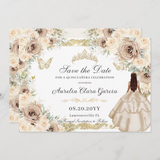 Champagne Crème Bloemen Zoet Zestien QUINCEAÑERA Save The Date (Voorkant / Achterkant)