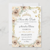 Champagne Crème Bloemen Zoet Zestien QUINCEAÑERA Save The Date (Voorkant)