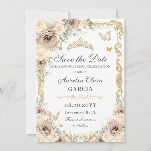 Champagne Crème Bloemen Zoet Zestien QUINCEAÑERA Save The Date (Voorkant)