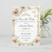 Champagne Crème Bloemen Zoet Zestien QUINCEAÑERA Save The Date (Staand voorkant)