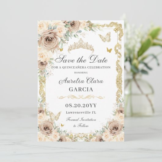 Champagne Crème Bloemen Zoet Zestien QUINCEAÑERA Save The Date (Staand voorkant)