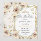 Champagne Crème Bloemen Zoet Zestien QUINCEAÑERA Save The Date (Voorkant / Achterkant)