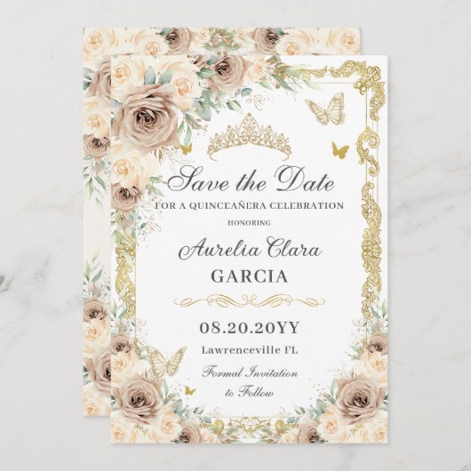 Champagne Crème Bloemen Zoet Zestien QUINCEAÑERA Save The Date (Voorkant / Achterkant)