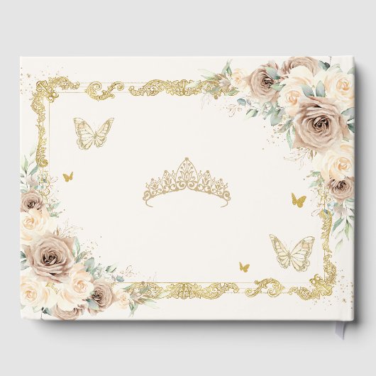 Champagne Crème Bloemenvlinders Quinceañera Gastenboek (Achterkant)