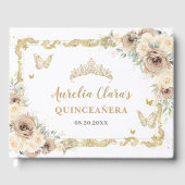 Champagne Crème Bloemenvlinders Quinceañera Gastenboek (Voorkant)