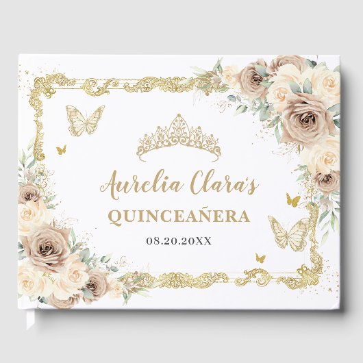 Champagne Crème Bloemenvlinders Quinceañera Gastenboek (Voorkant)