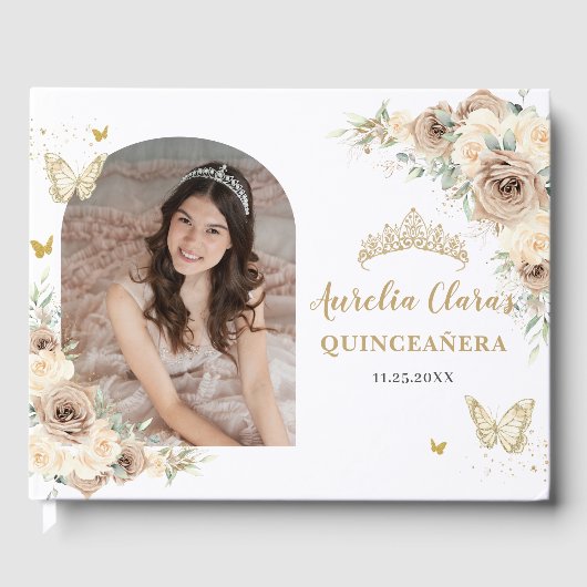 Champagne Crème Bloemenvlinders Quinceañera Gastenboek (Voorkant)