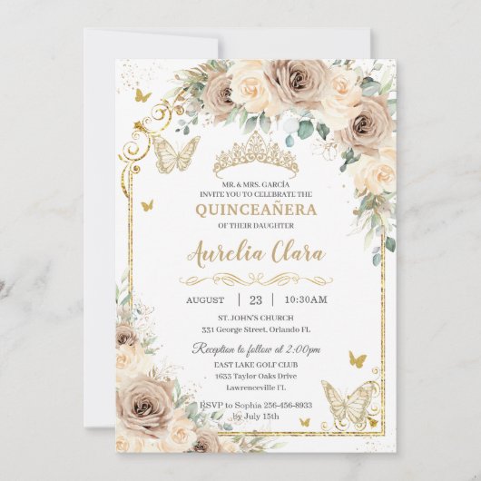 Champagne Crème Bloemzoet 16 Quinceañera Foto Kaart (Voorkant)