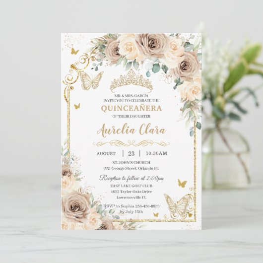 Champagne Crème Bloemzoet 16 Quinceañera Foto Kaart (Staand voorkant)