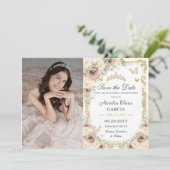 Champagne Crème Bloemzoet 16 QUINCEAÑERA Foto Save The Date (Staand voorkant)