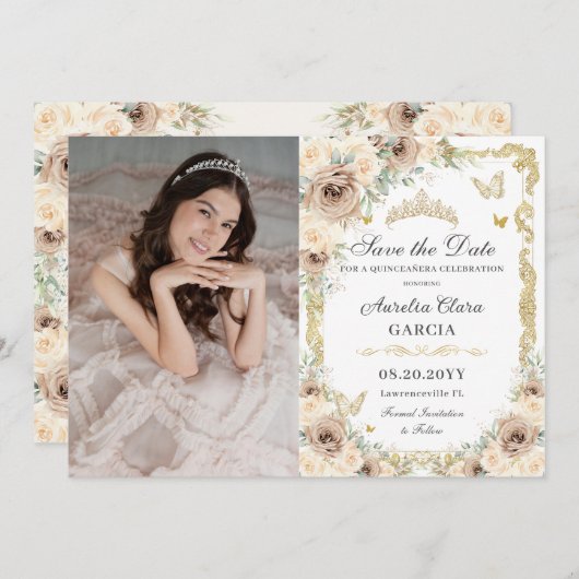 Champagne Crème Bloemzoet 16 QUINCEAÑERA Foto Save The Date (Voorkant / Achterkant)