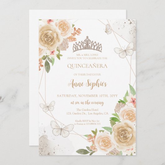 Champagne Crème Quinceañera Vlinder Tiara Kaart (Voorkant / Achterkant)