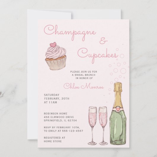 Champagne & Cupcakes Moderne Roze Bruids Luncheon Kaart (Voorkant)