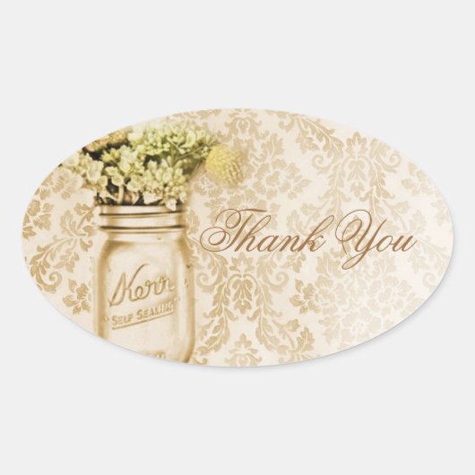 Champagne damask floral mason jar bruiloft ovale sticker (Voorkant)