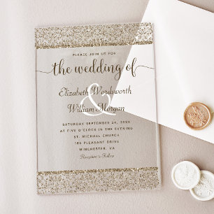 Champagne Damask Glitter Monogram Elegant Wedding Acryl Uitnodigingen