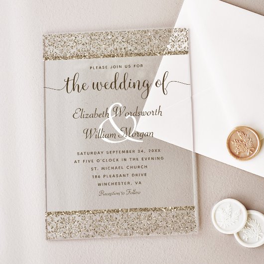 Champagne Damask Glitter Monogram Elegant Wedding Acryl Uitnodigingen