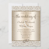 Champagne Damask Glitter Monogram Elegant Wedding Kaart (Voorkant)