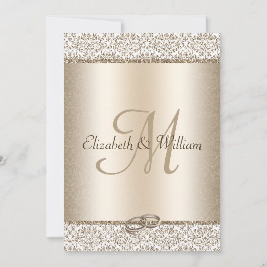 Champagne Damask Glitter Monogram Elegant Wedding Kaart (Achterkant)