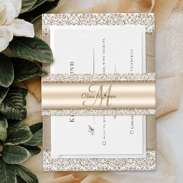 Champagne Damask Glitter Monogram Weddenschap Uitnodigingen Wikkel