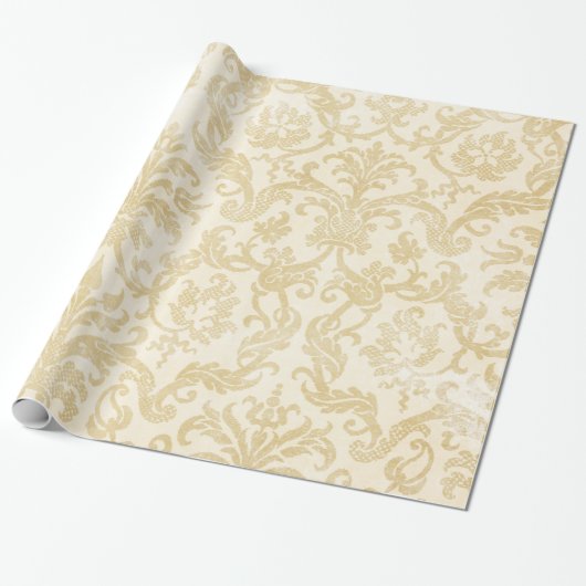 Champagne Damask Lace Gold Ivory Wrapping Paper Cadeaupapier (Uitgerold)