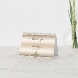 Champagne Damask Monogram Fleur de Lis Wedding Bedankkaart