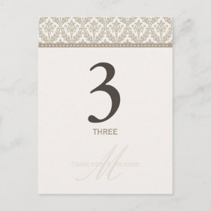 Champagne Damask Monogram Tafelnummer Kaart