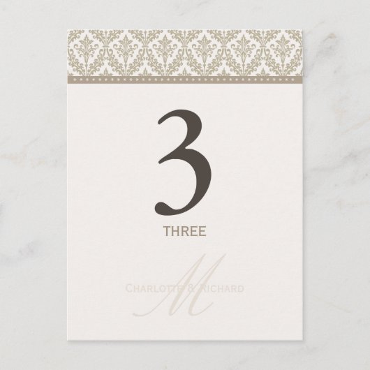 Champagne Damask Monogram Tafelnummer Kaart (Voorkant)