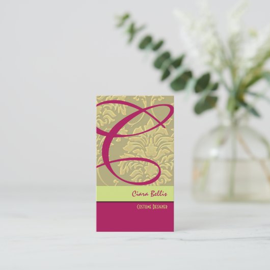 Champagne Damask Monogram Visitekaartje (Staand voorkant)