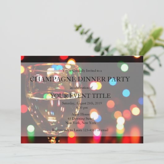 Champagne Dinner Party Bokeh Lights Custom Invitae Kaart (Staand voorkant)