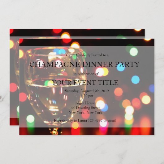 Champagne Dinner Party Bokeh Lights Custom Invitae Kaart (Voorkant / Achterkant)