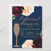 Champagne Donkerblauw Bloemen Repetitie Diner Kaart (Voorkant)