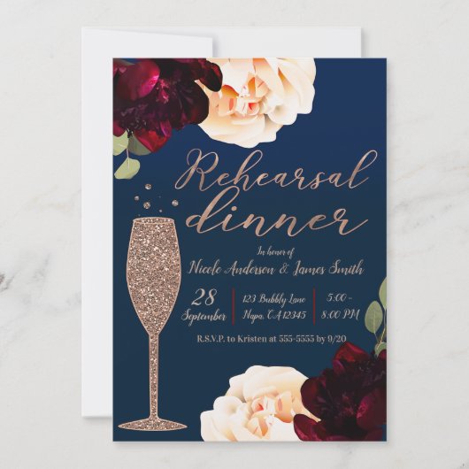 Champagne Donkerblauw Bloemen Repetitie Diner Kaart (Voorkant)