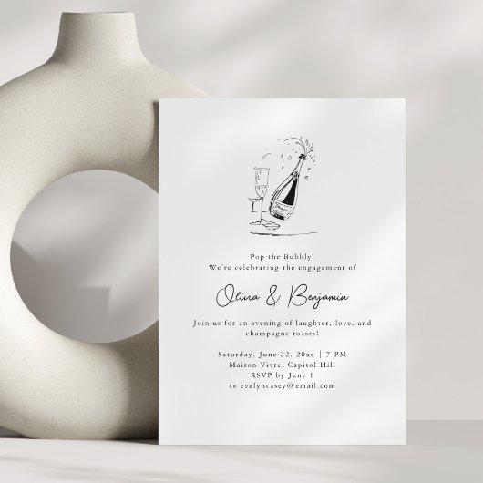 Champagne Drawing Minimalist Engagement Party Kaart