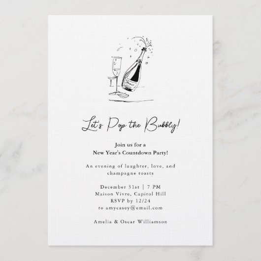 Champagne Drawing Minimalist New Year's Eve Party Kaart (Voorkant)